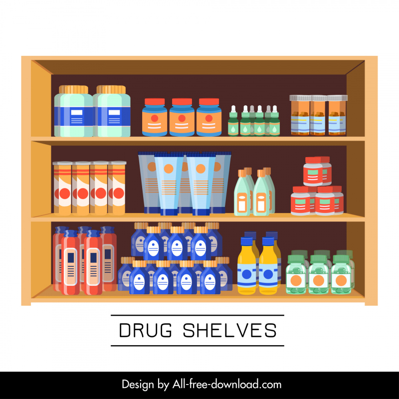 drug shelves template flat modern design tubes bottles sketch