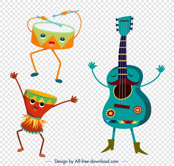 drum guitar instruments icons cute stylized design