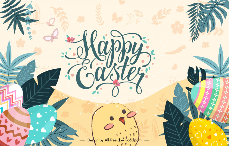 easter background aesthetic template cute chick leaves eggs decor