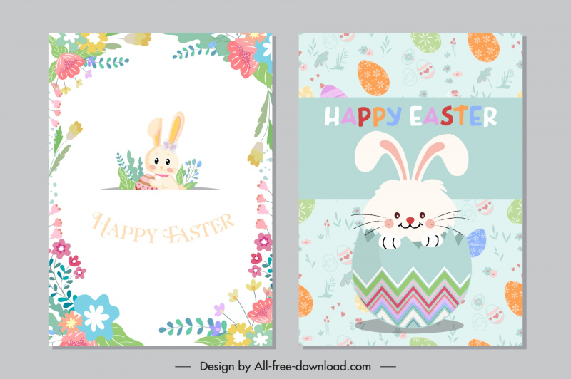 easter card template cute cartoon bunny eggs flowers