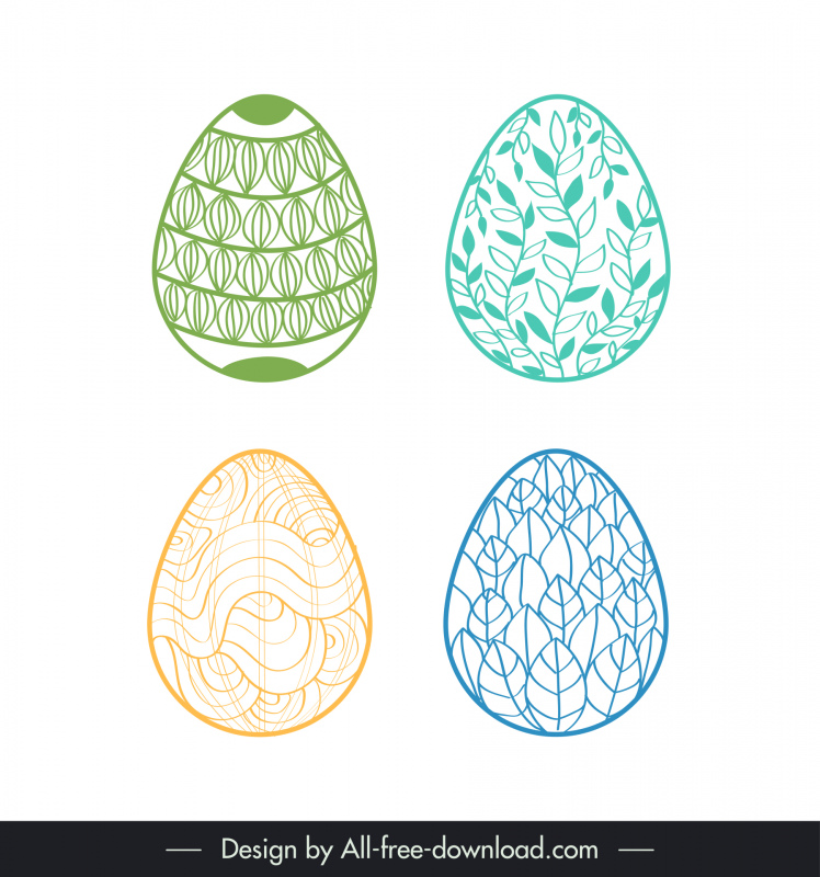easter eggs icons sets flat classical handdrawn petals leaves curves outline 