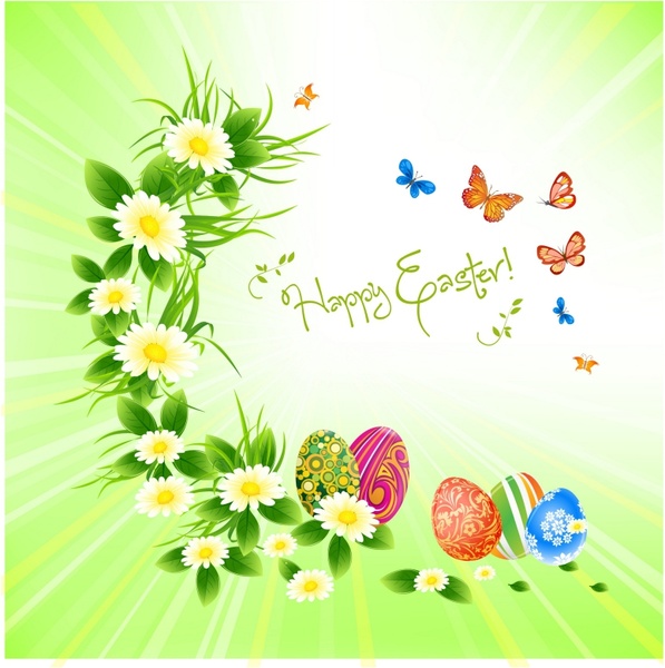 Easter festive background with flowers and eggs