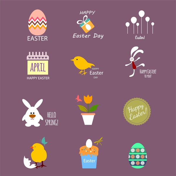 easter icons collection with colored flat design