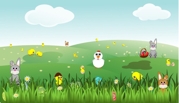 Easter Landscape with bunnies, chicks, eggs, chicken, flowers