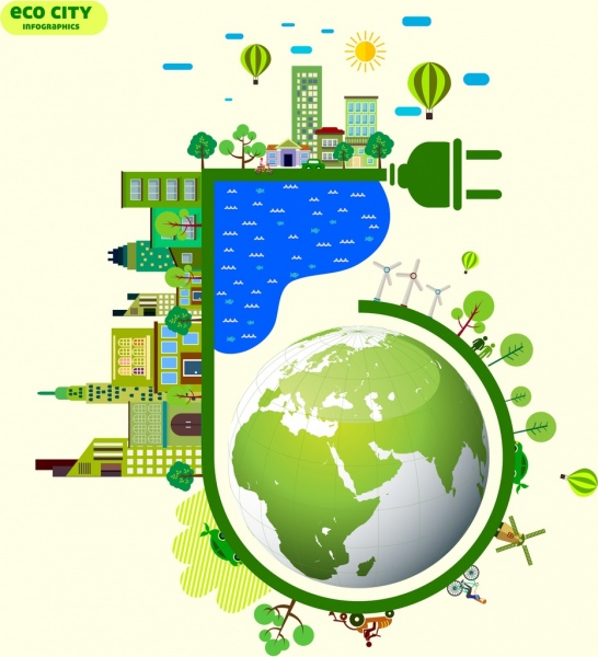eco city infographic banner green global plug icons