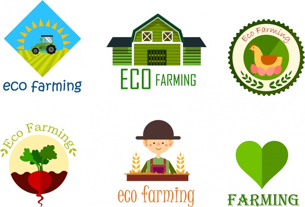 eco farming logo sets various colorful symbols design