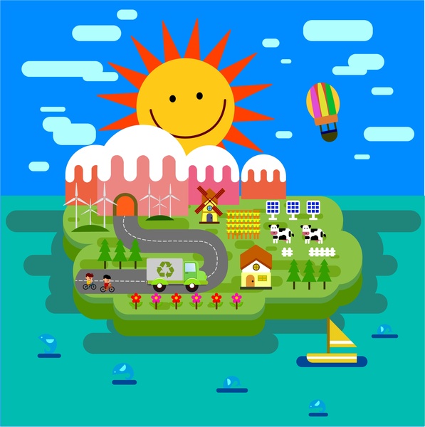 eco island concept with cartoon style illustration