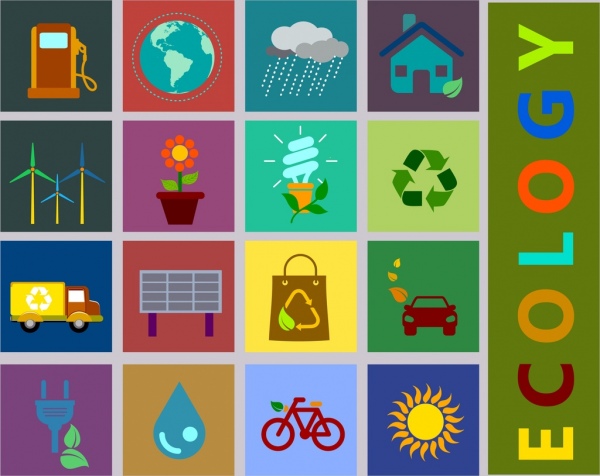 ecology design elements various flat icons squares isolation
