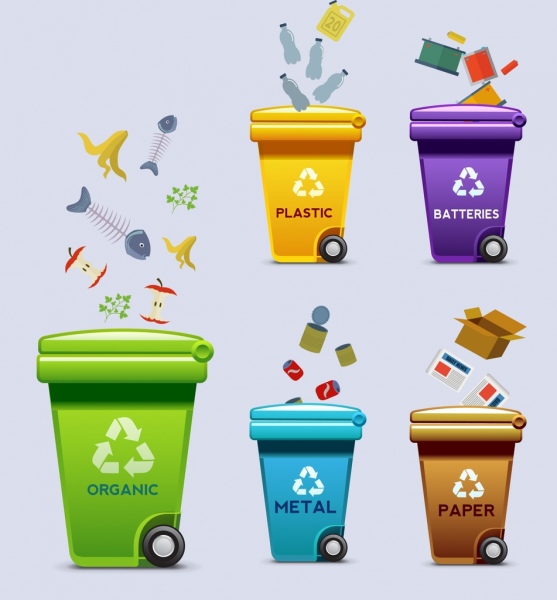 ecology poster multicolored dustbins wastes icons decoration