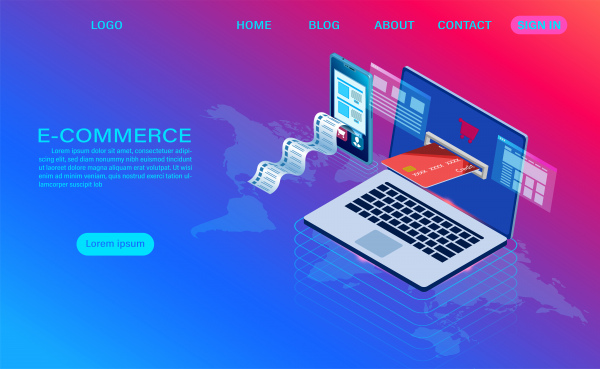 ecommerce shopping online with computer and mobile vector 3d isometric template