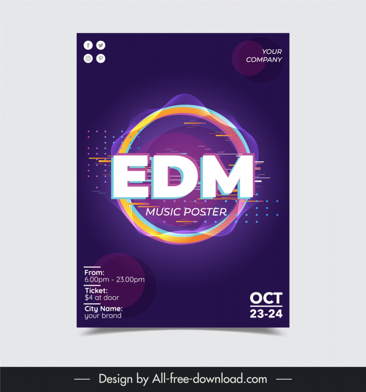edm music poster template modern contrast circle waves