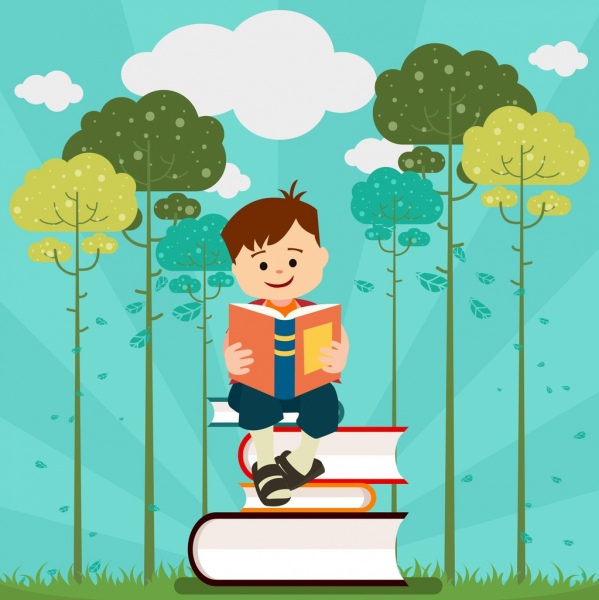 education background boy book stack icons cartoon design