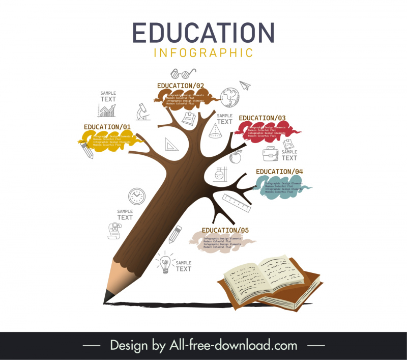 education infographic template elegant pencil tree school elements
