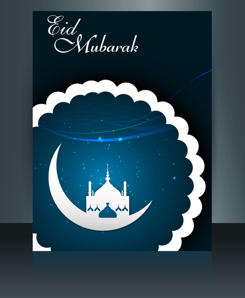 eid mubarak mosque template brochure festival for beautiful reflection colorful card vector