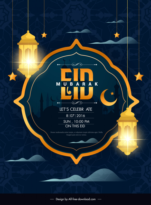eid poster template shiny light silhouette muslim palace 