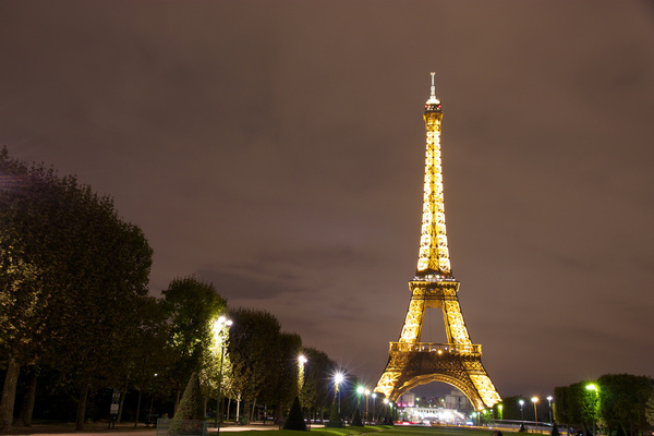 eiffel tower at night from champ de mars
