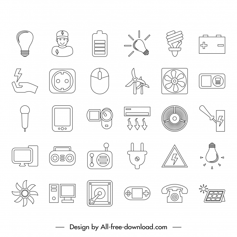electric icon sets flat black white handdrawn symbols outline 
