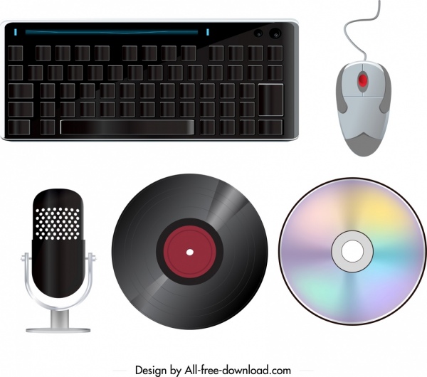 electronic devices icons keyboard mouse microphone disk sketch