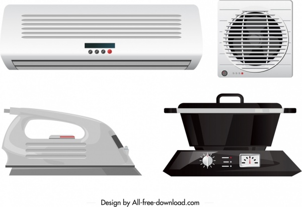electronic utensils icons airconditioner fan iron cook sketch