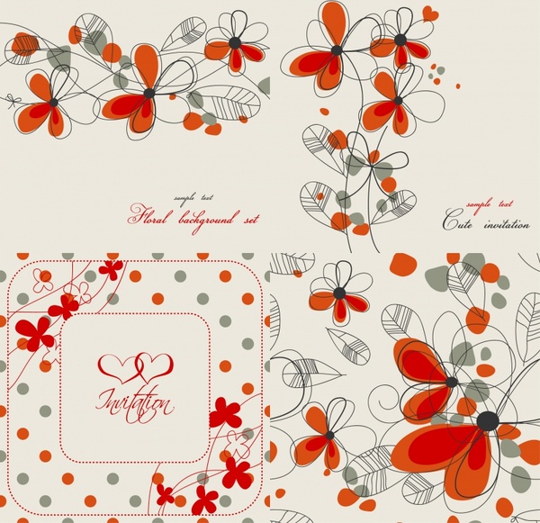 flower card decor elements retro flat handdrawn sketch