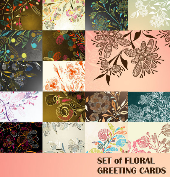 elements of floral greeting cards vector set 