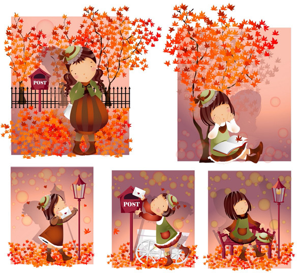 elements of girl autumn leaves vector 