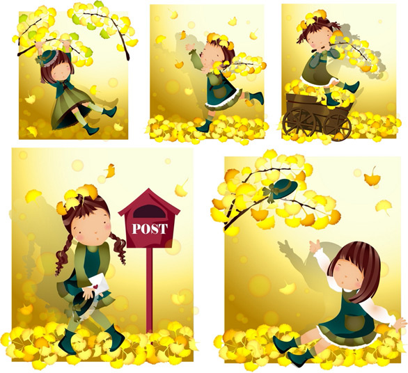 elements of girl in yellow leaves vector