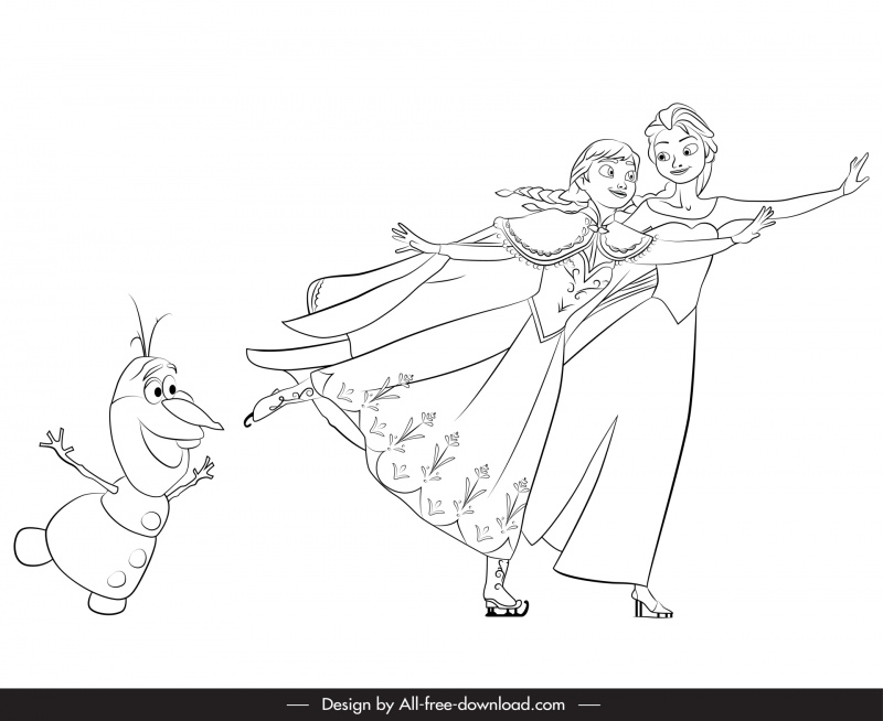 elsa anna and olaf character icon black white handdrawn outline
