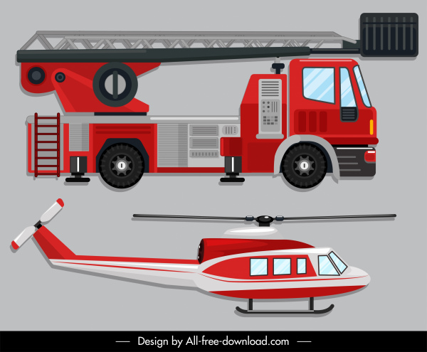 emergency vehicle icons fire fighting car helicopter sketch