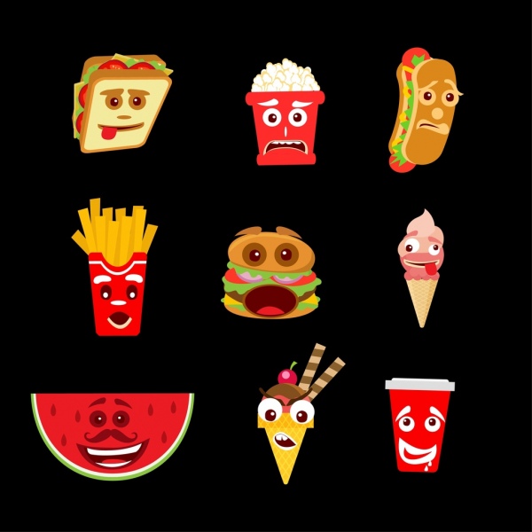 emoticon collection stylized fast food icons