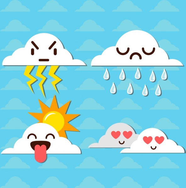 emoticon sets various stylized white clouds icons