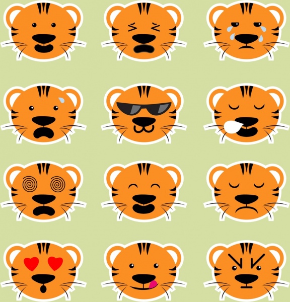 emotional icons collection cartoon tiger head decoration