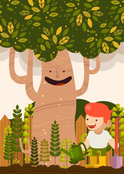 environment background kid planting trees icons stylized cartoon