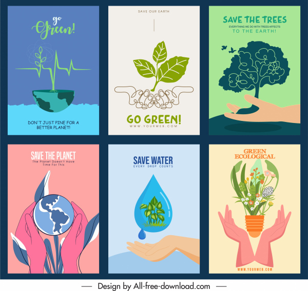 environment protection banners classic design nature elements sketch