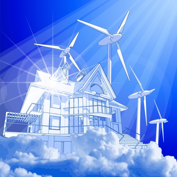 environment background house windmill cloud icons modern 3d