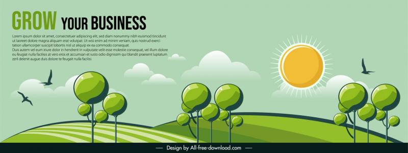 Environmental Website Banner Template Trees Sun Flying Birds Scene 