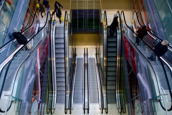 escalators in a shopping mall