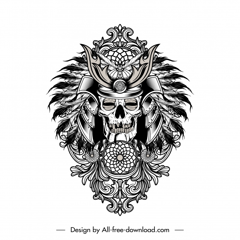 ethnic skull tattoo template flat symmetric retro handdrawn outline 