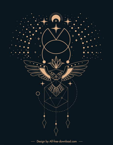 ethnic tattoo template universe elements owl polygonal sketch