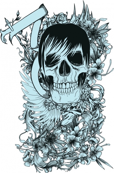 horror background skull flowers icons sketch