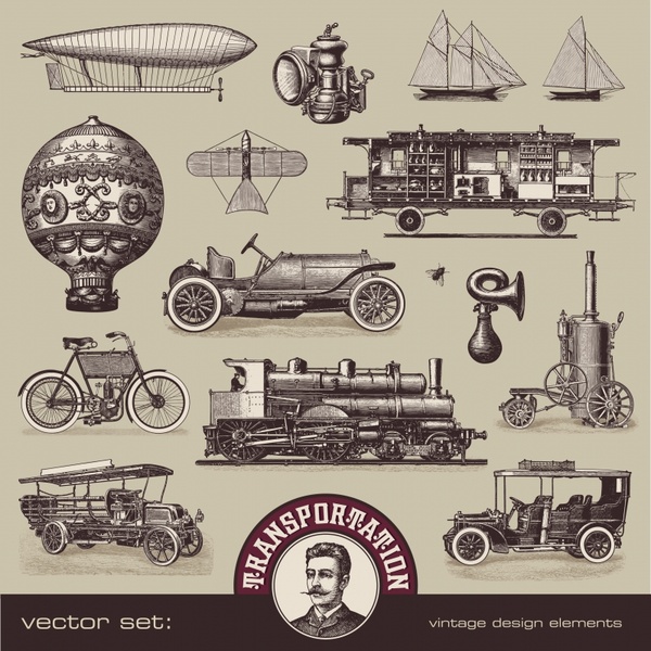 vehicles design elements retro handdrawn objects sketch
