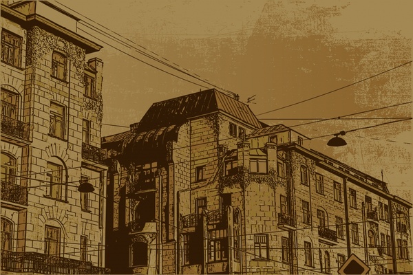 town scenery painting retro grunge handdrawn buildings sketch