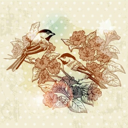european retro bird flower painting vector