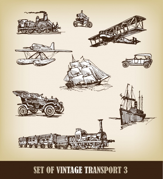 transportation icons vintage design handdrawn 3d sketch
