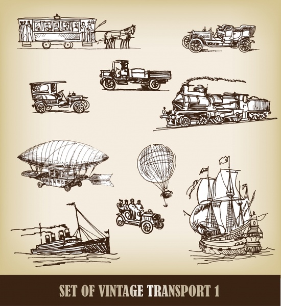 vintage transportation icons handdrawn sketch