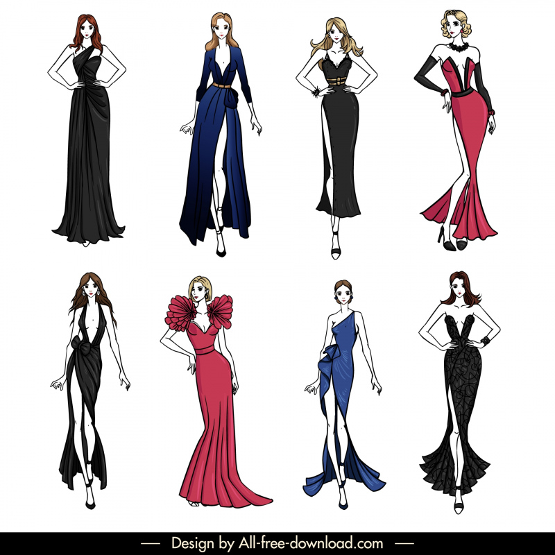 evening dresses design templates collection elegant cartoon characters