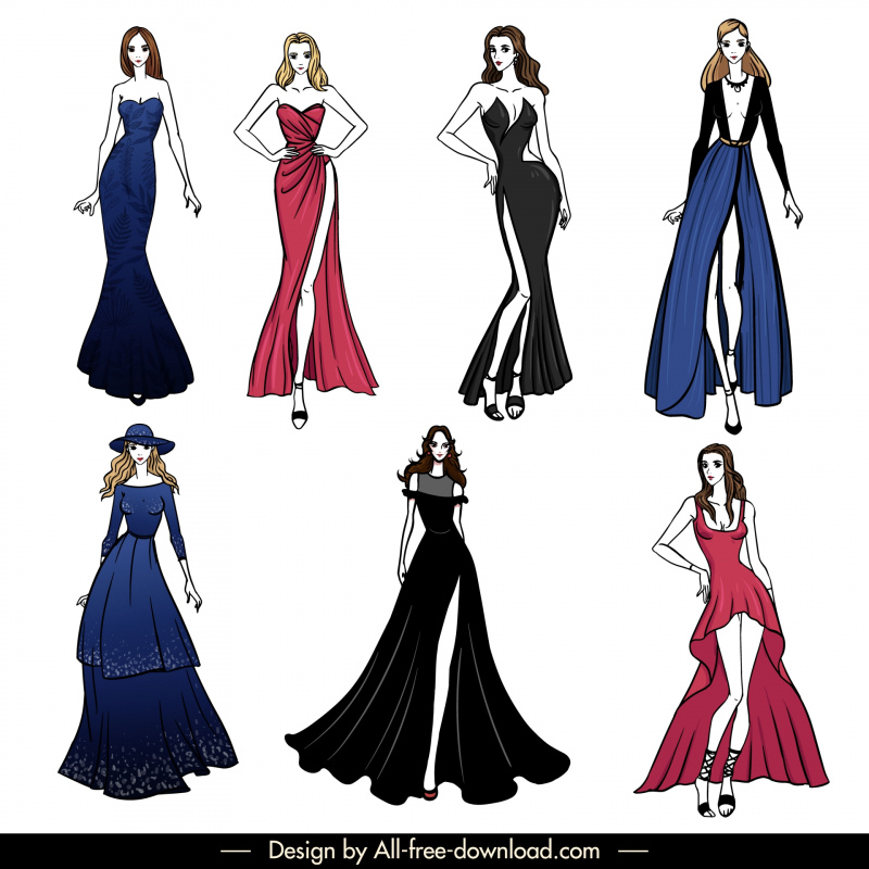 evening dresses  templates collection elegant cartoon characters