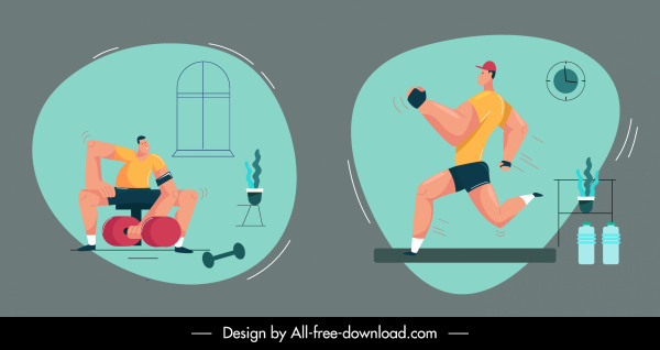 exercise icons jogging gymnasium sport sketch cartoon design