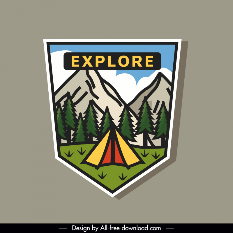 explore camping badge template flat classical tent trees mountain 
