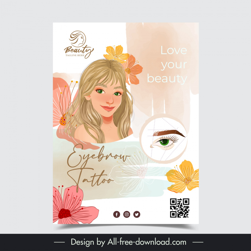 eyebrown tattoo beauty poster template cute handdrawn lady flowers